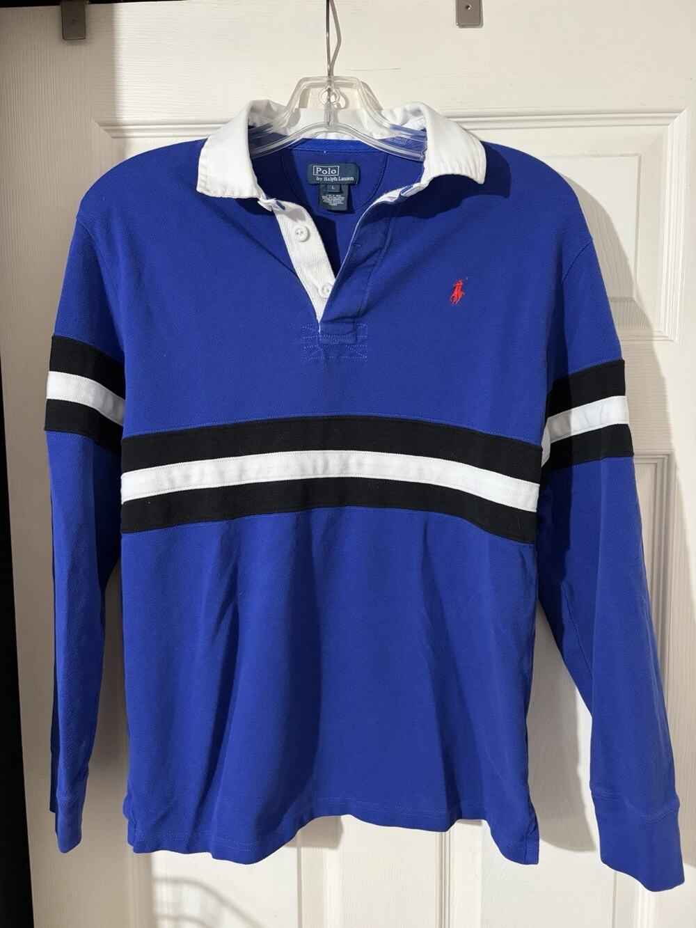 Vintage Boys Polo Blue Striped Rugby Shirt Ralph Lauren Sz L
